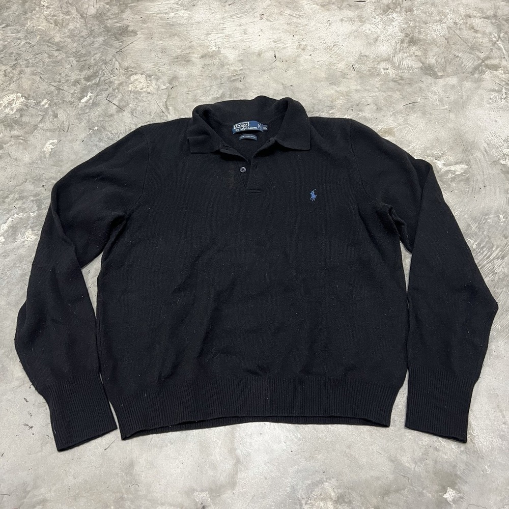 Polo Ralph Lauren Sweater Men Size XL Black Lambs Wool Long Sleeve Blue Pony